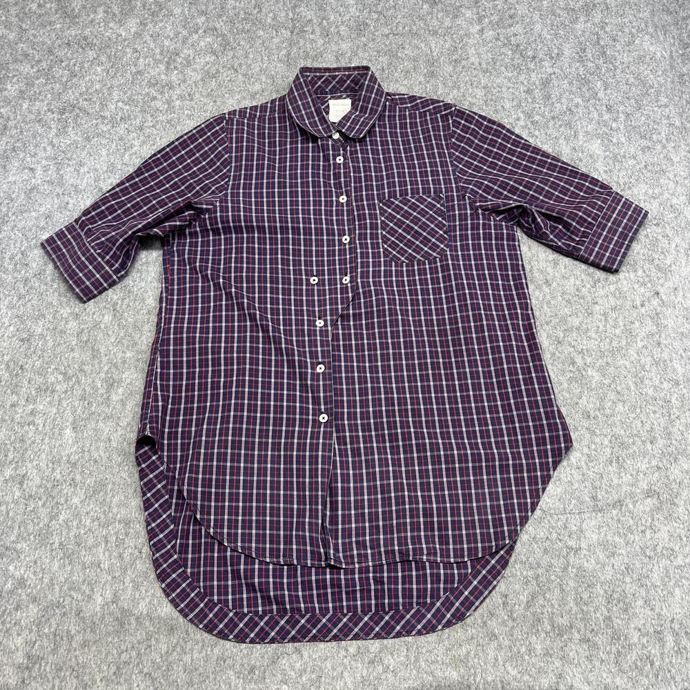 Billy Reid Shirt Womens L Blue Red Purple Plaid Offset Button USA Asymmetrical